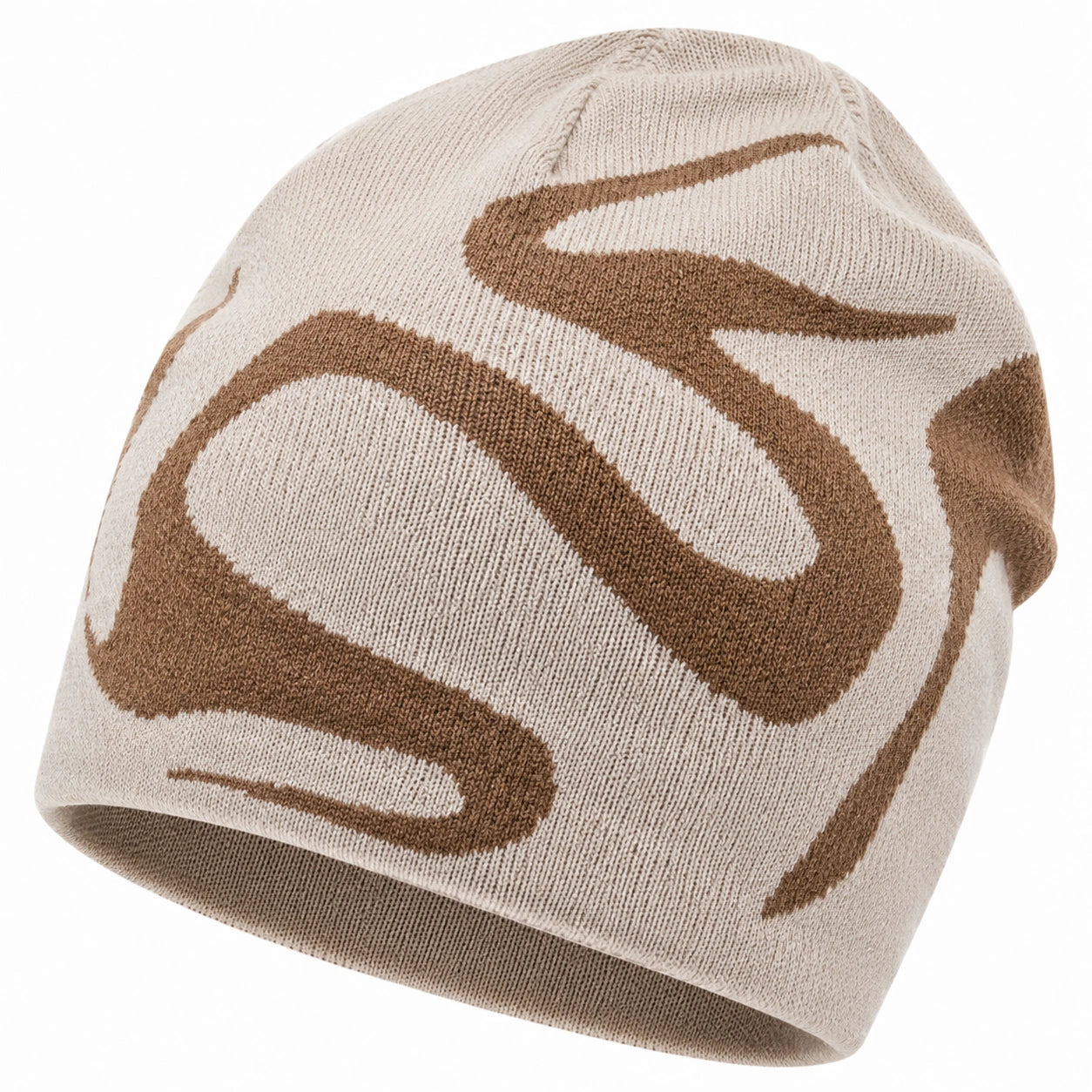 Damen Beanie Mütze Beige mit Braunen Akzenten