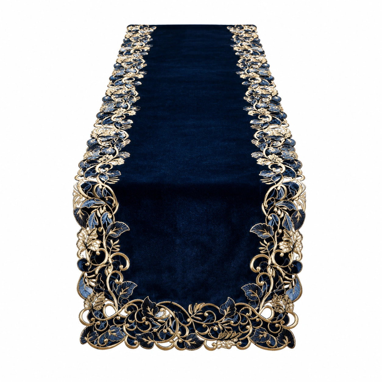 Tischläufer mit Floralem Stickmuster Blau/Gold 180x35cm