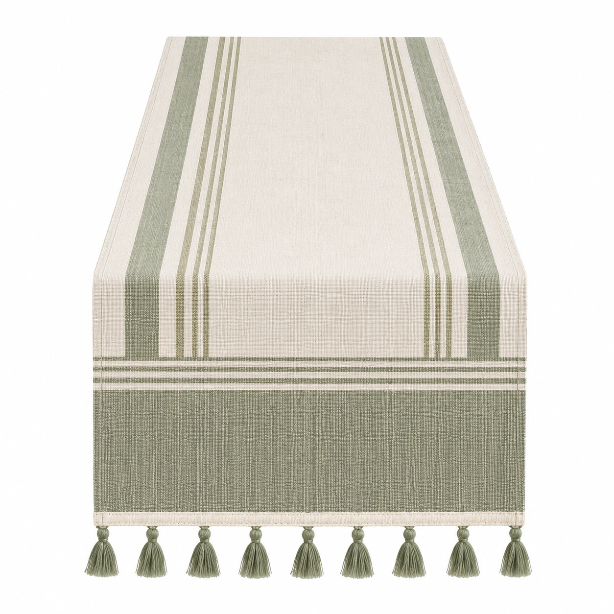 Tischläufer Grün/Beige mit Streifen und Quasten 180x33 cm
