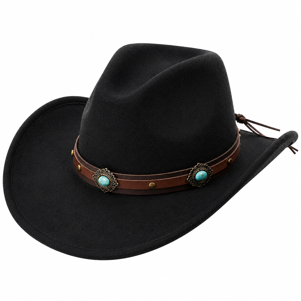 Schwarzer Cowboyhut mit Ledergürtel und Türkisverzierungen