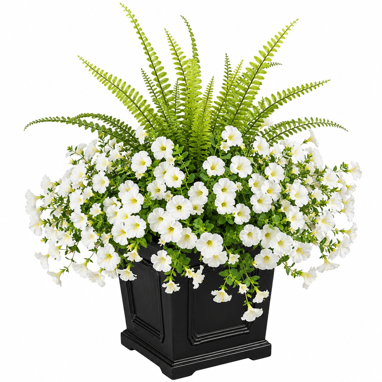 Künstliche Blumenarrangement mit weißen Blüten und Farn in schwarzem Topf