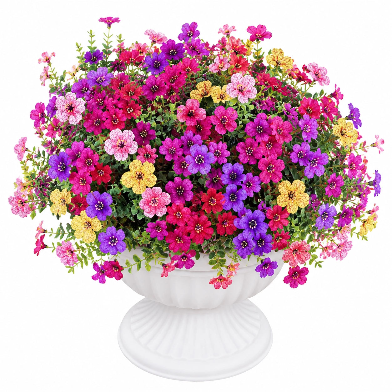 Künstliches Blumengesteck mit bunten Petunien im Dekotopf