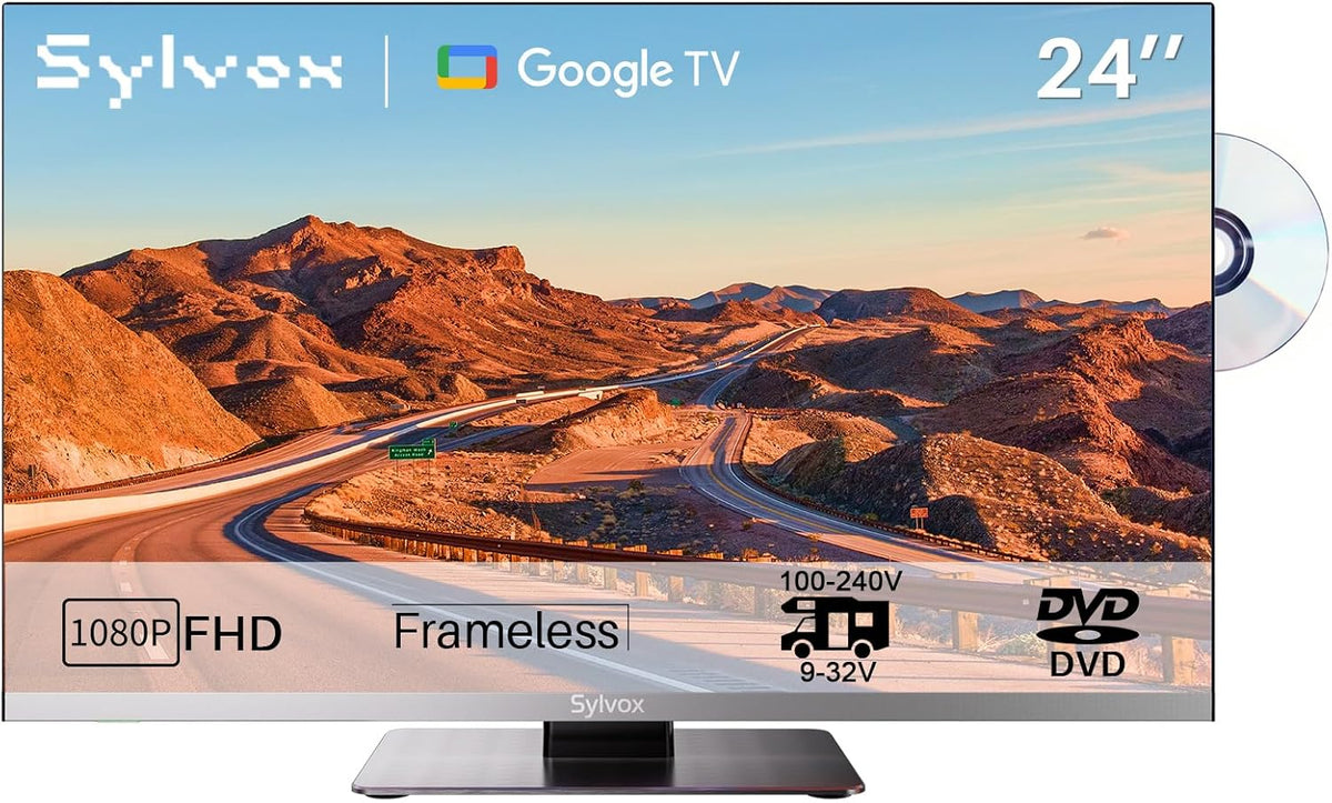 SYLVOX Fernseher, 24 Zoll, 12 V, Schwarz, für Wohnmobil, Smart Google TV mit DVD Player, 1080P FHD, Rahmenlos, inkl. Adapter