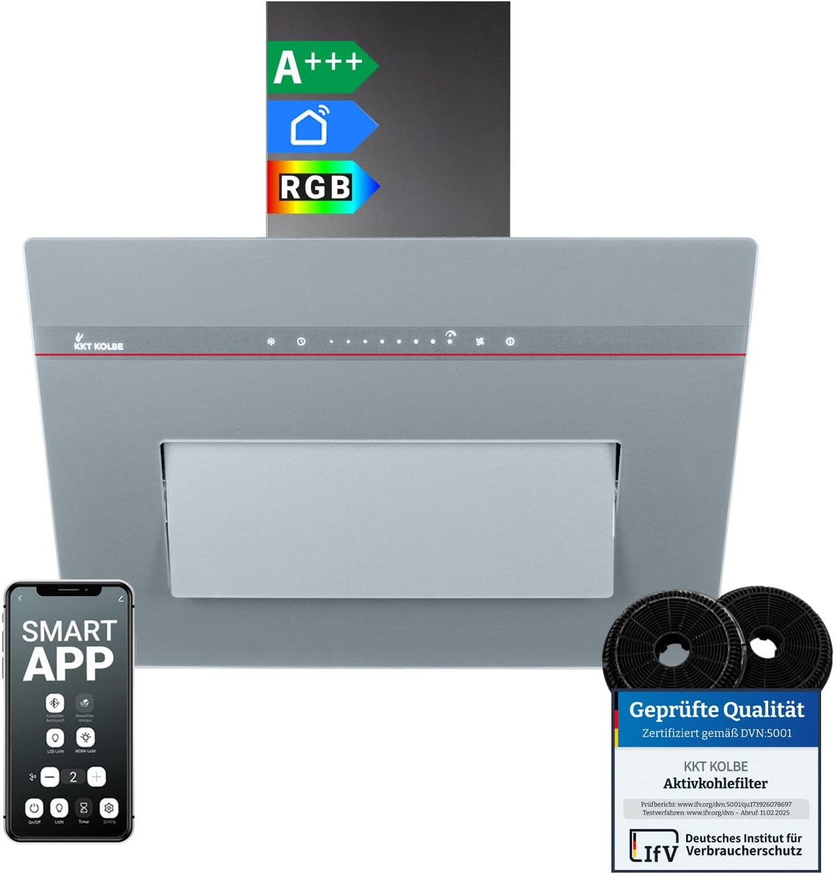 KKT Dunstabzugshaube, 60 cm, Grau, KOLBE Wandhaube PLOOM6005G, kopffrei