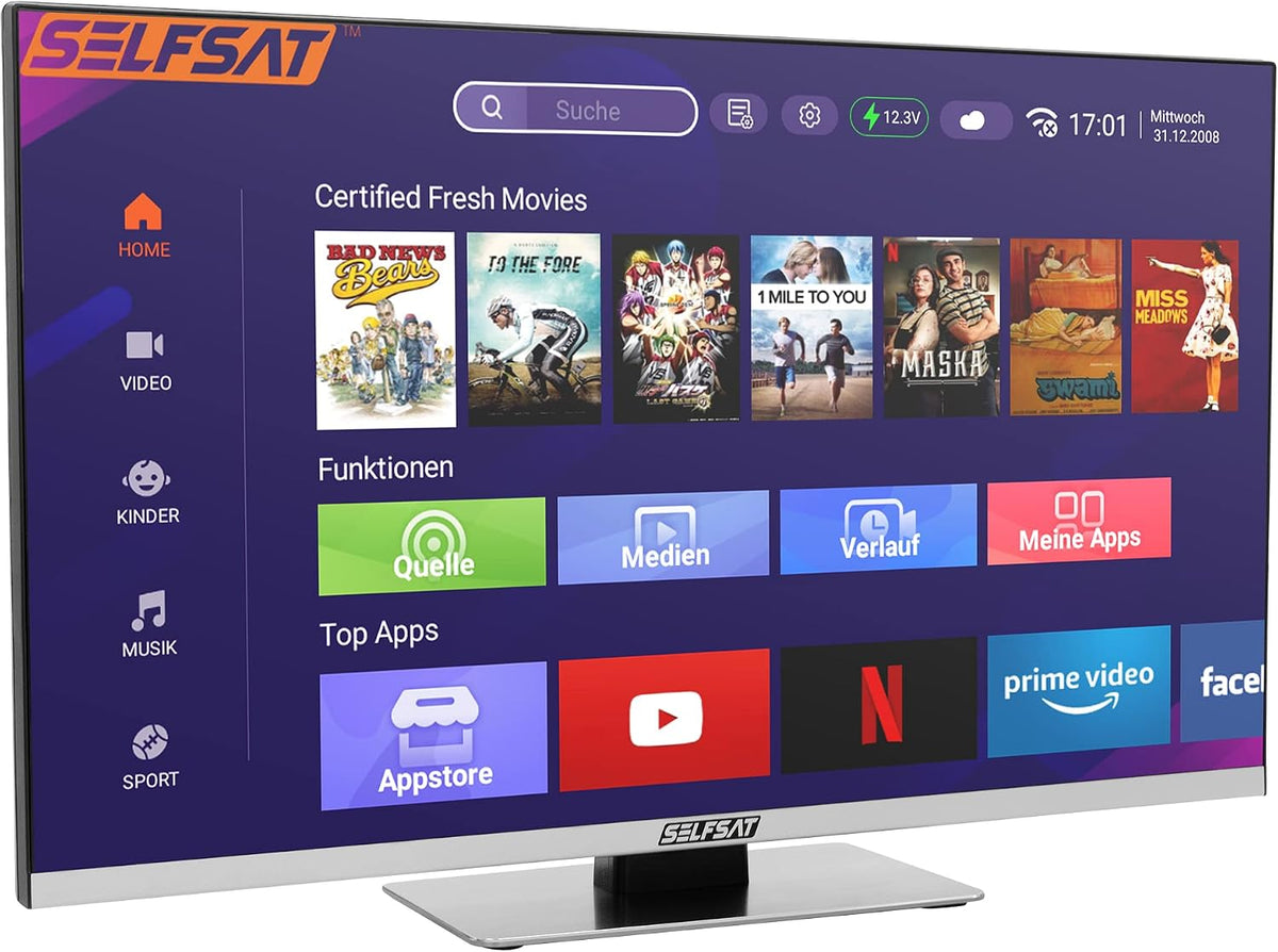 SELFSAT Fernseher, 60 cm, Schwarz, SMART LED TV 1260 ( /24) rahmenloser TV inkl. DVB-S2/C/T2