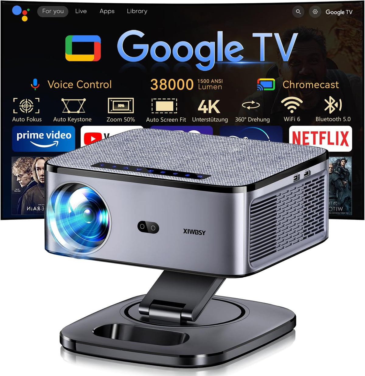 Beamer, Schwarz, 4K【1500 ANSI & Google TV/Autofokus】 Full HD 1080P 38000