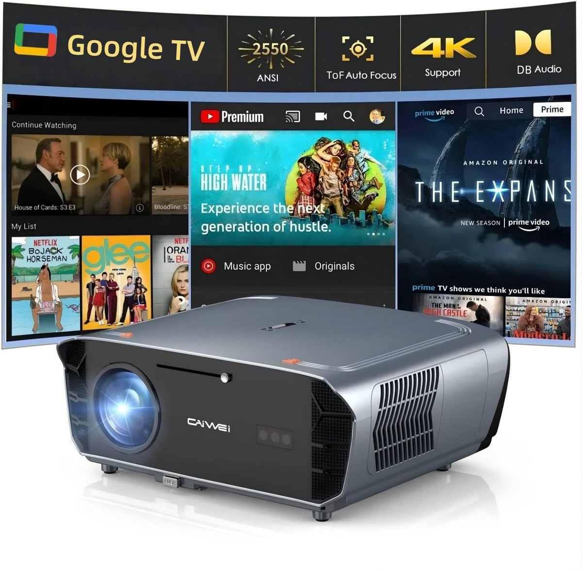 2550ANSI Beamer, Schwarz, Smart 4K mit Google TV Zertifizierten Apps Dolby Audio, TOF Autofokus Projektor Tageslicht 4K HDR s