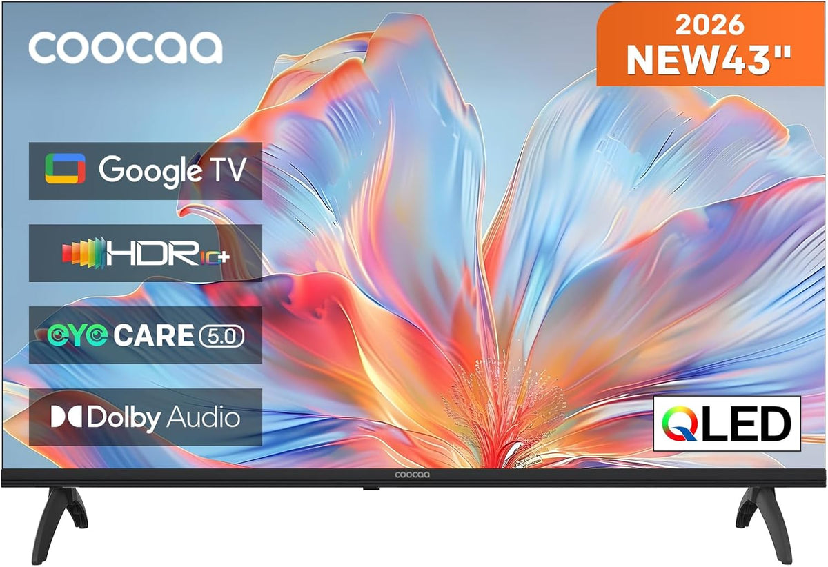 Fernseher, 43 Zoll, 109 cm, Schwarz, Smart TV, coocaa, QLED FHD Smart TV mit Google TV, HDR10, Dolby Audio, EyeCare