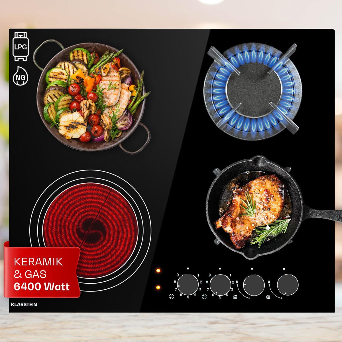 Klarstein Gasherd, 6,4 kW, Schwarz, Gaskocher 2-Flammig und 2 Glaskeramik Kochfeld, Einbau-Gaskocher für Innenbereich
