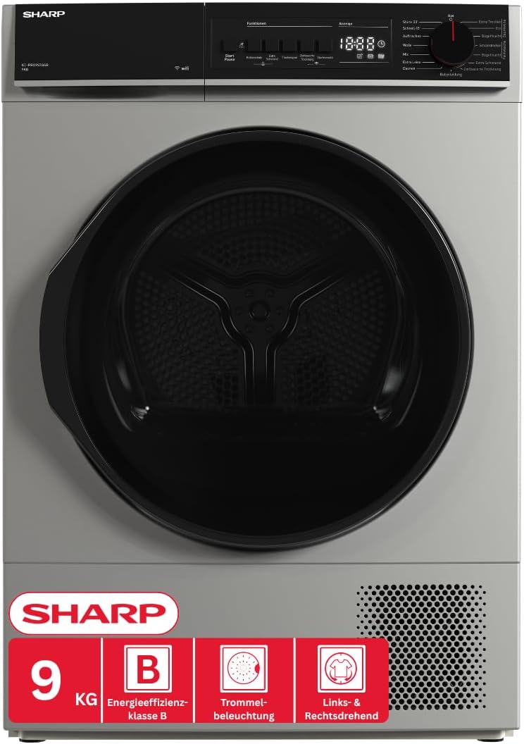 Sharp Wäschetrockner, 9 kg, Silber, KD-PRO9S7GSB-DE, WiFi, 15 Trockenprogramme inkl. 30-Minuten-Schnelltrockenprogramm