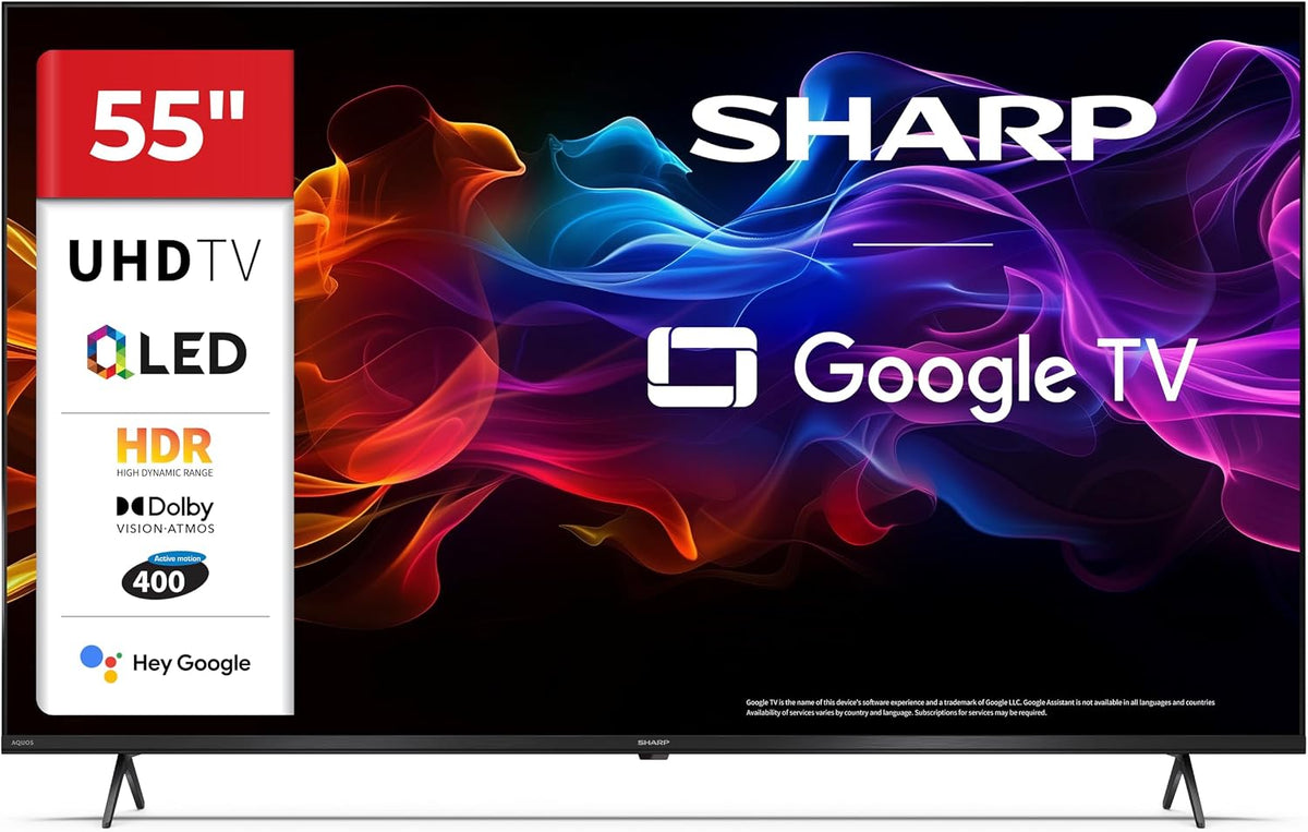 SHARP Fernseher, Schwarz, 55HP5365E, Google TV, 55' UHD, Rahmenlos, 60 Hz, QLED, HDR10, Dolby Vision HDR, Google Assistant mit Mikrofon