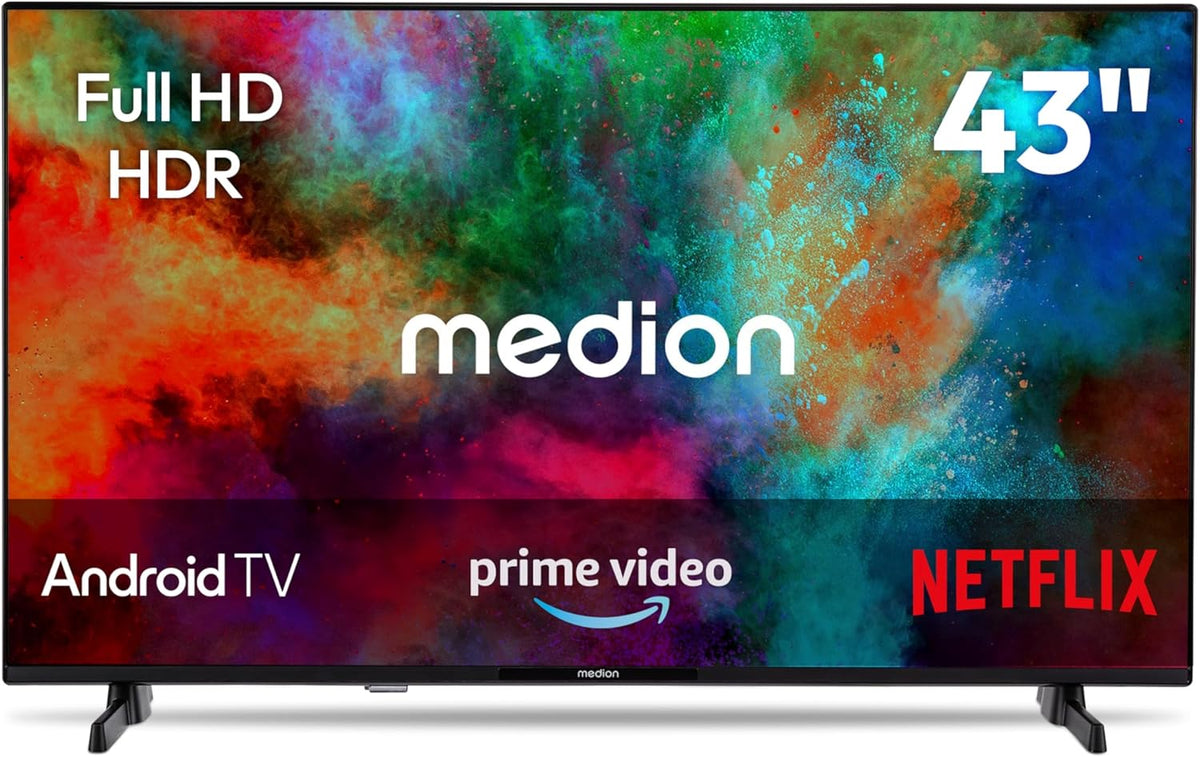 MEDION Fernseher, 43 Zoll, 108 cm, Schwarz, Smart TV, Full HD (Android TV, Smart TV, Prime Video, Bluetooth