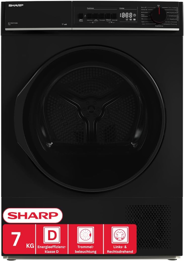 Sharp Wäschetrockner, 7 kg, Schwarz, KD-PRO7S7GBD-DE, WiFi, 15 Trockenprogramme inkl. 20-Minuten-Schnelltrockenprogramm