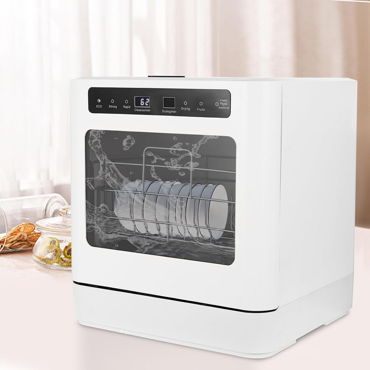 Tischgeschirrspüler, 6-8 Personen, 800 W, 46 cm, PP+ABS, Weiß, Mini-Geschirrspüler, 43 * 39 * Kompakte Spülmaschine 4 Reinigungsmodi UV +