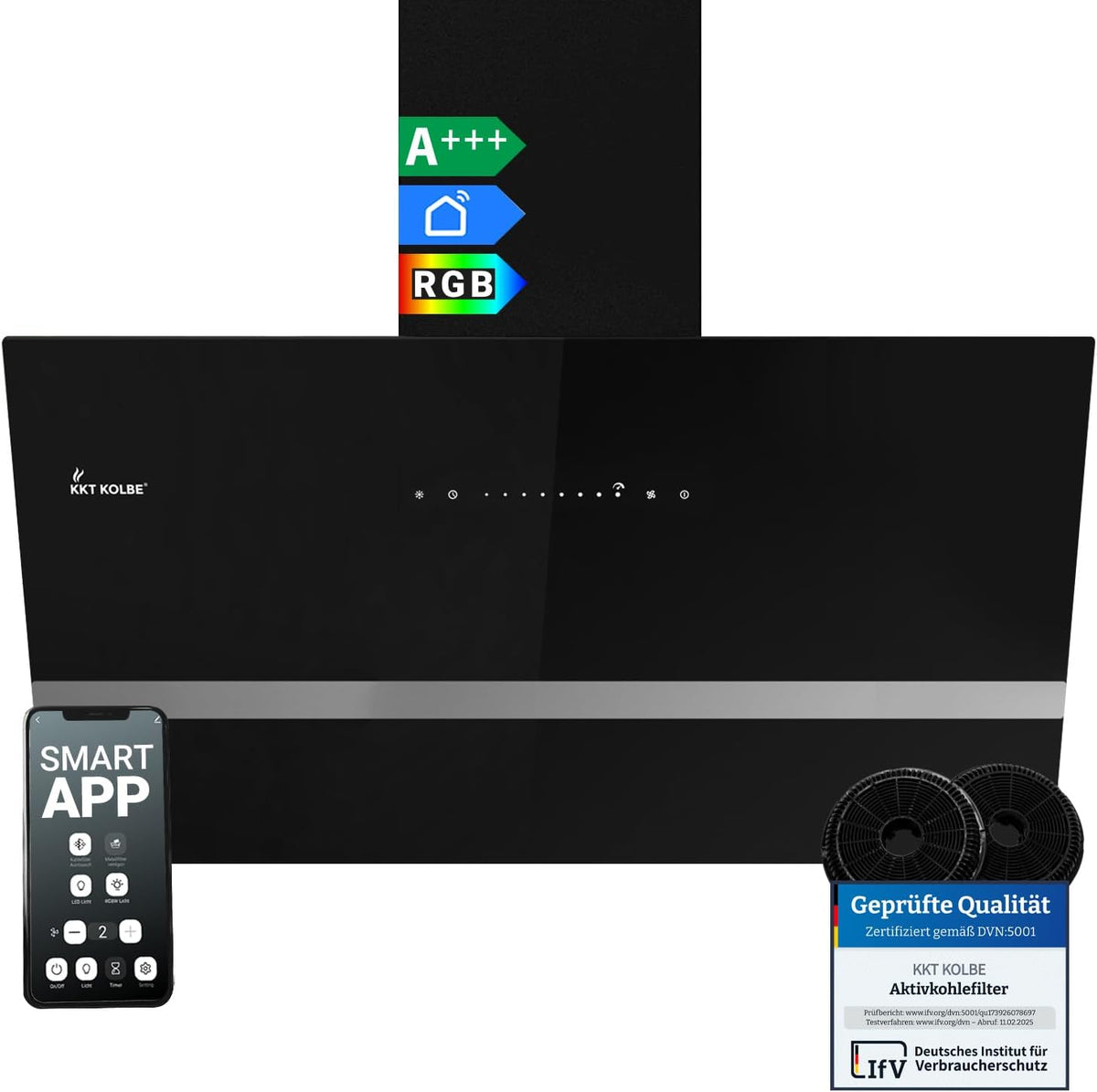 KKT Dunstabzugshaube, 90 cm, Schwarz/Silber, KOLBE Wandhaube EASY9005SM, kopffrei