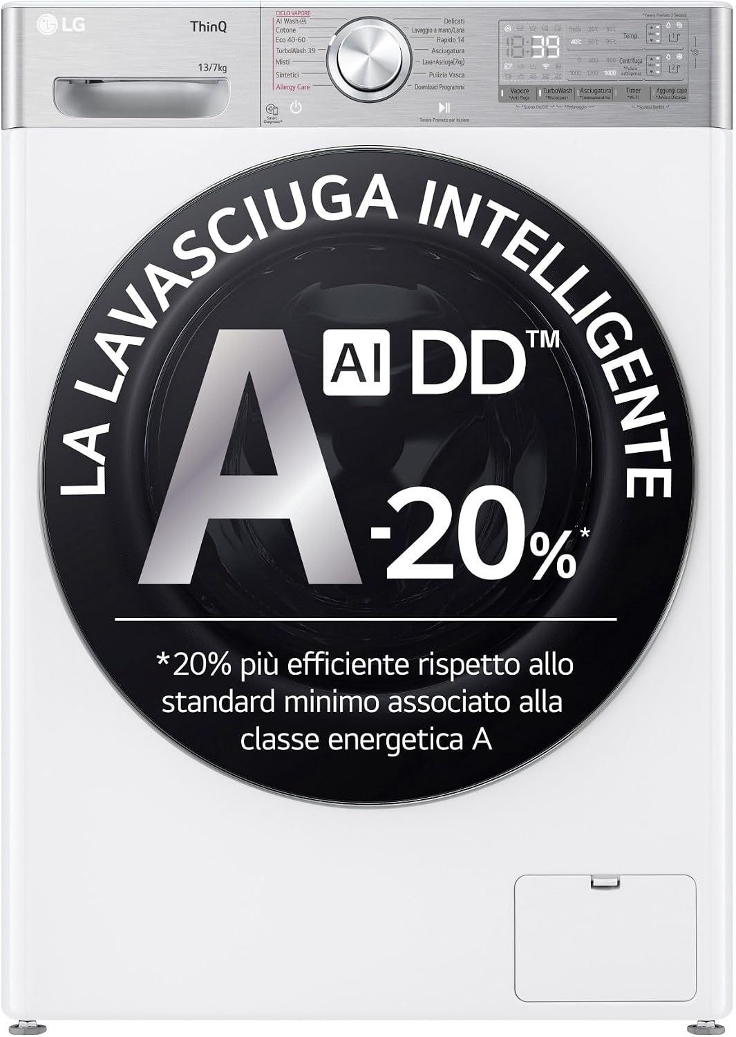LG Wäschetrockner, 7 kg, Weiß, AI DD D4R9513TPWC Waschtrockner 13/, Serie R9, Klasse D, 1400 Umdrehungen, TurboWash 360