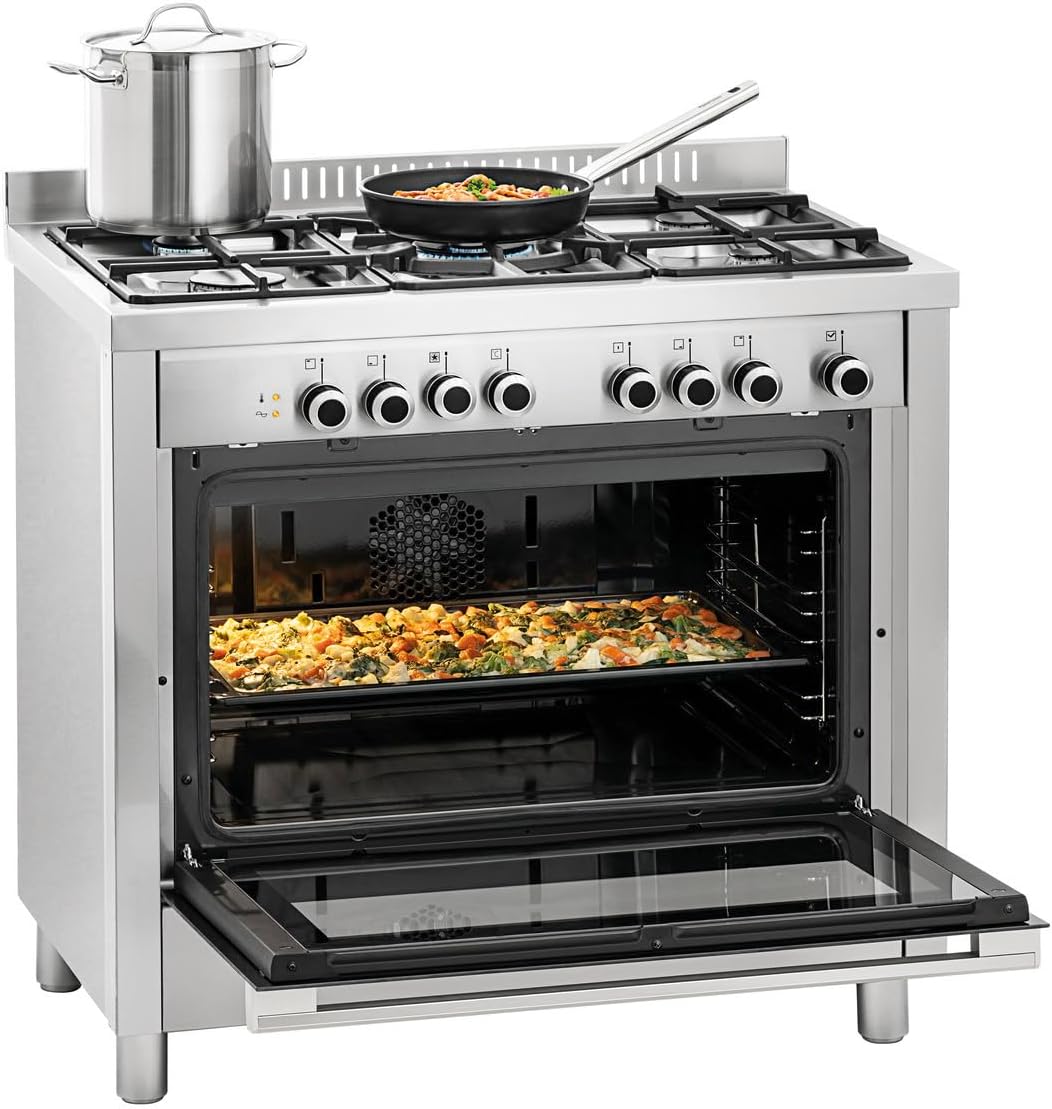 MBH Gasherd, 104 l., Edelstahl., Schwarz, Industriekocher mit Gasofen, Gastronomie, professionelle 5-Flammen- e mit Elektroofen