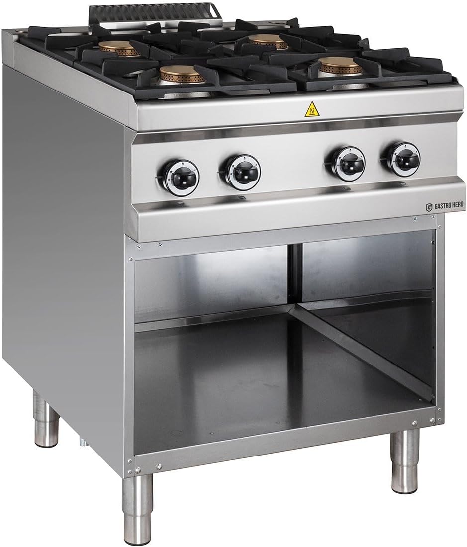 GastroHero Gasherd, Silber, 4 Brenner, offener Unterbau, Edelstahl D77G4AXL
