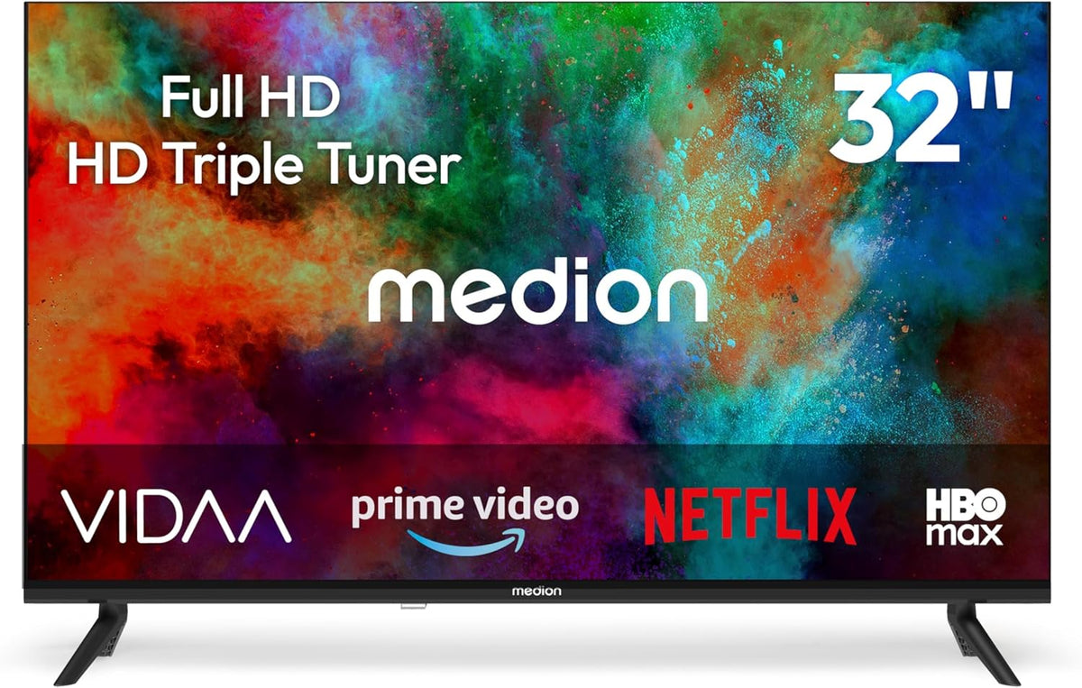 MEDION Fernseher, 32 Zoll, 80 cm, Schwarz, Smart TV, Full HD (Smart-TV, VIDAA Store, HBO Max, MagentaTV, Prime Video