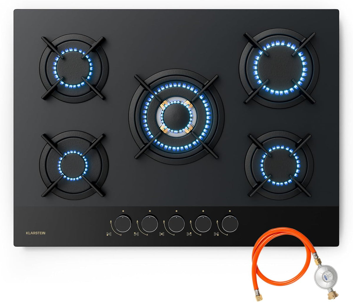 Klarstein Kochfeld, 10,4 kW, 70 cm, Schwarz, Goldflame Nano Gas, 5 Messingbrenner, Wok-Brenner, Nanobeschichtetes Glas