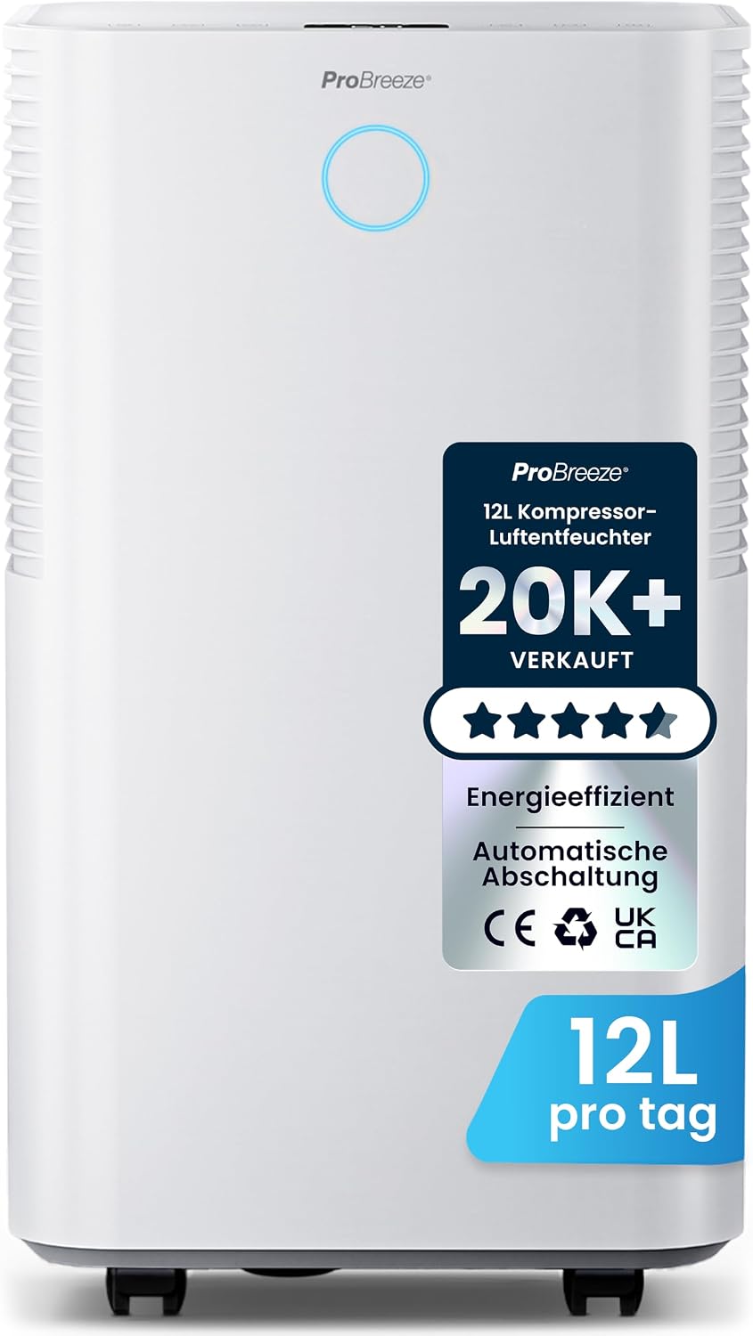 Pro Luftentfeuchter, 12 L, Weiß, Breeze OmniDry /24h Entfeuchtungsleistung - elektrisch, Feuchtigkeitssensor, Ablaufschlauch