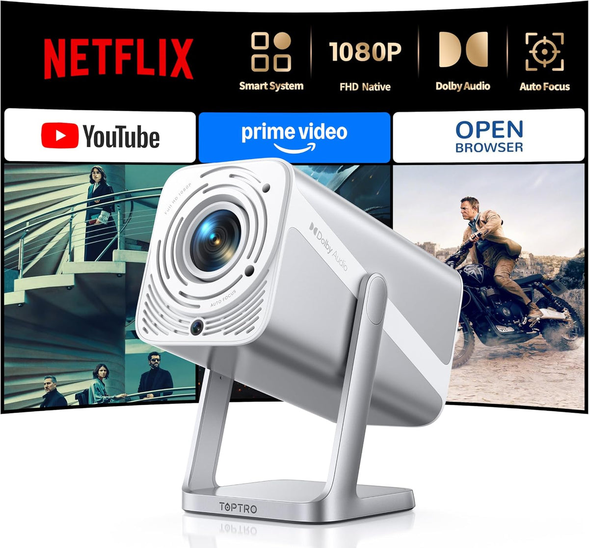 Beamer, Schwarz, Smart [Kompatibel mit Netflix & Dolby Audio] 4K Heimkino, Tragbarer Projektor 600ANSI Autofokus/Auto Vertikale