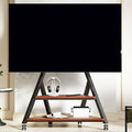 Fernseher, 85 Zoll, 60 Kg, Metall + Holz, Schwarz, Mobiler TV Ständer, Rollender TV Standfuss mit Medienablage und Feststellrädern