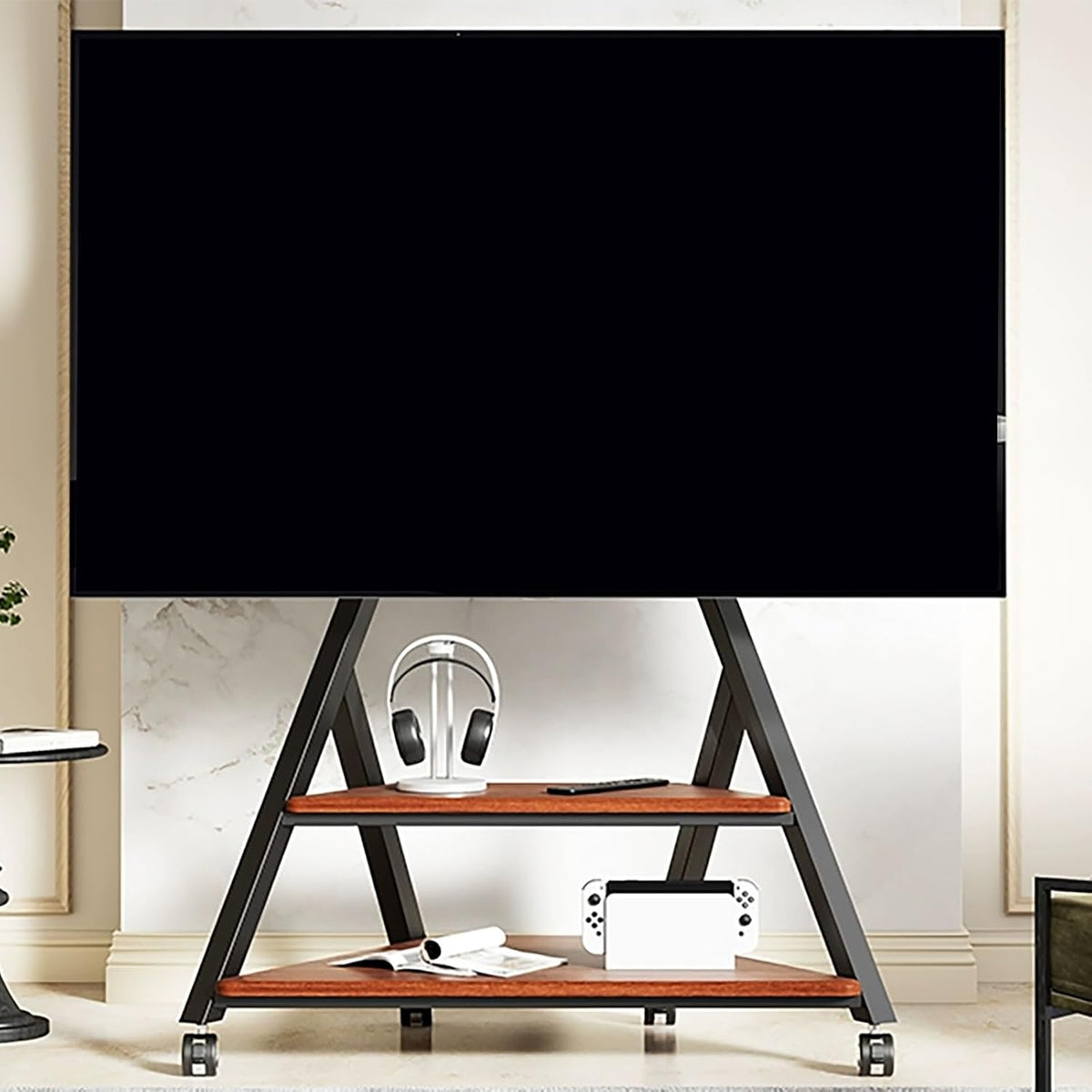 Fernseher, 85 Zoll, 60 Kg, Metall + Holz, Schwarz, Mobiler TV Ständer, Rollender TV Standfuss mit Medienablage und Feststellrädern