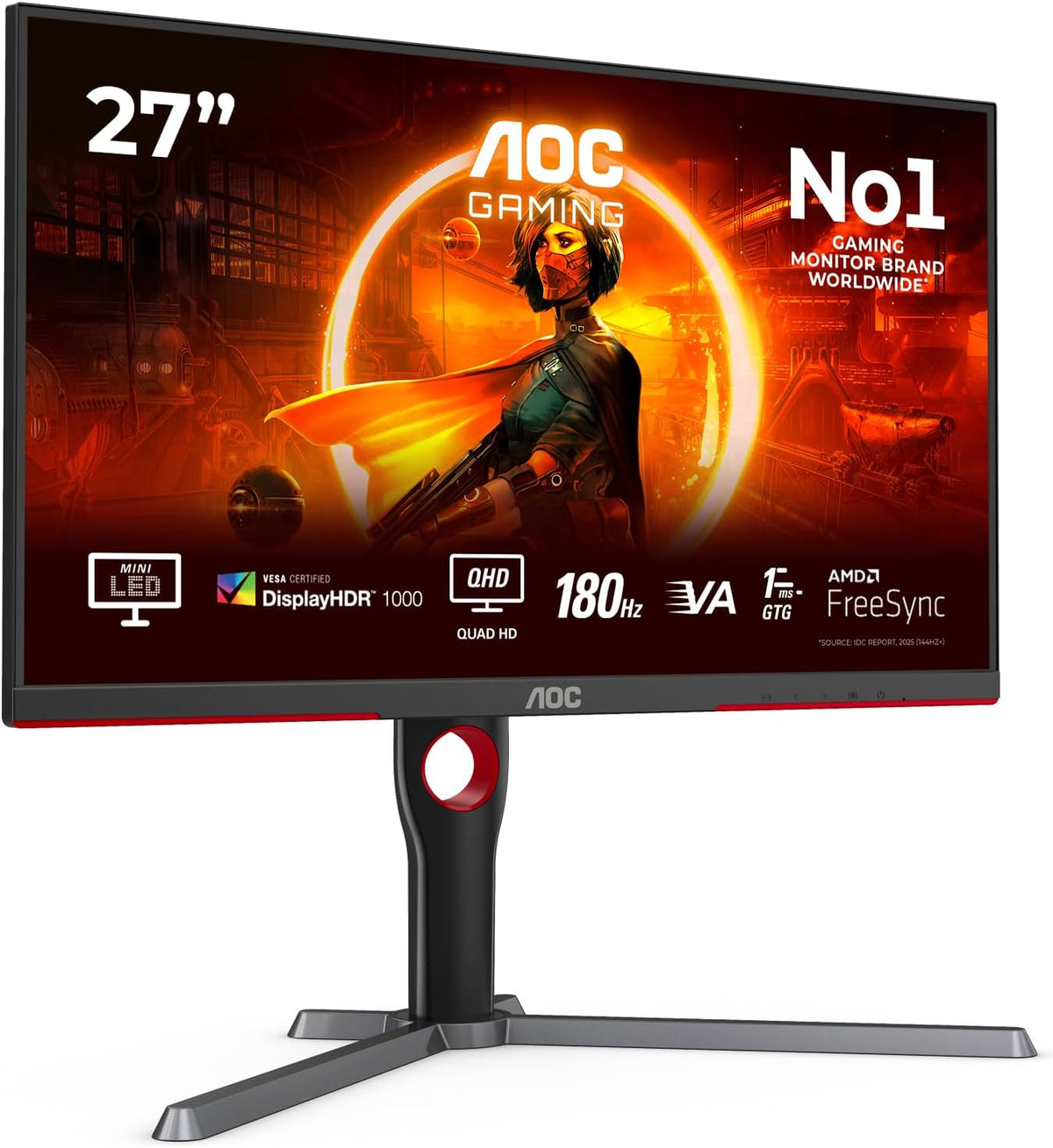 AOC Monitor, 27 Zoll, Schwarz/Rot, Gaming Q27G3XMN - QHD, 180 Hz, FreeSync Prem. Pro., HDR1000 (2560x1440, 1 ms GtG