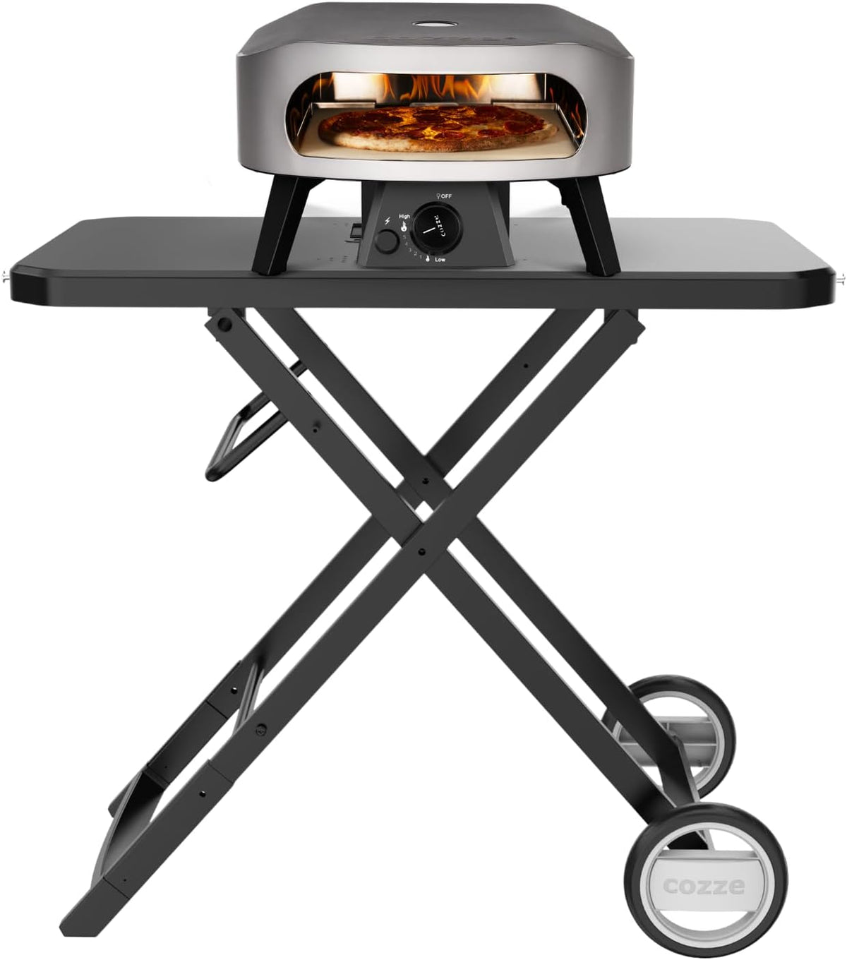 Cozze® Pizzaofen, 13 Zoll, Schwarz, CLASSIC Gas 50 mbar mit faltbarem Outdoor-Tisch, Regler, Schlauch, Tür & Pizzaste