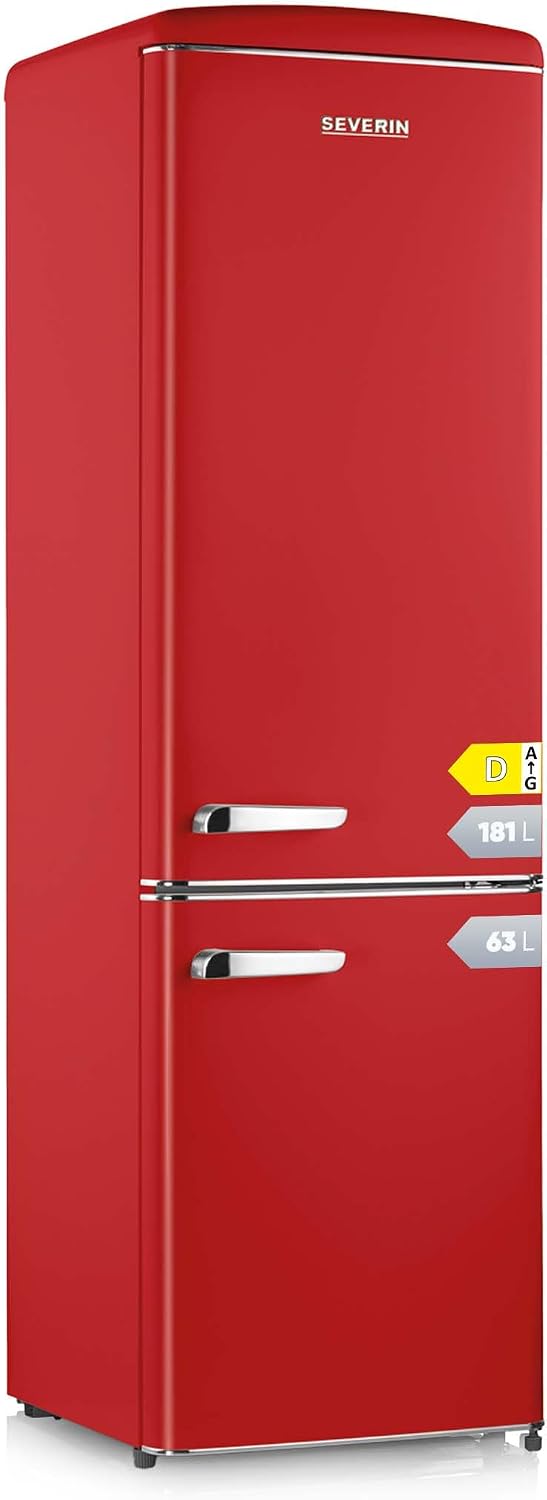 SEVERIN Kühlschrank, 244 L, 39 dB, Rot, Retro Kühl- & Gefrierkombination, im Retro-Design mit Chrom-Applikationen
