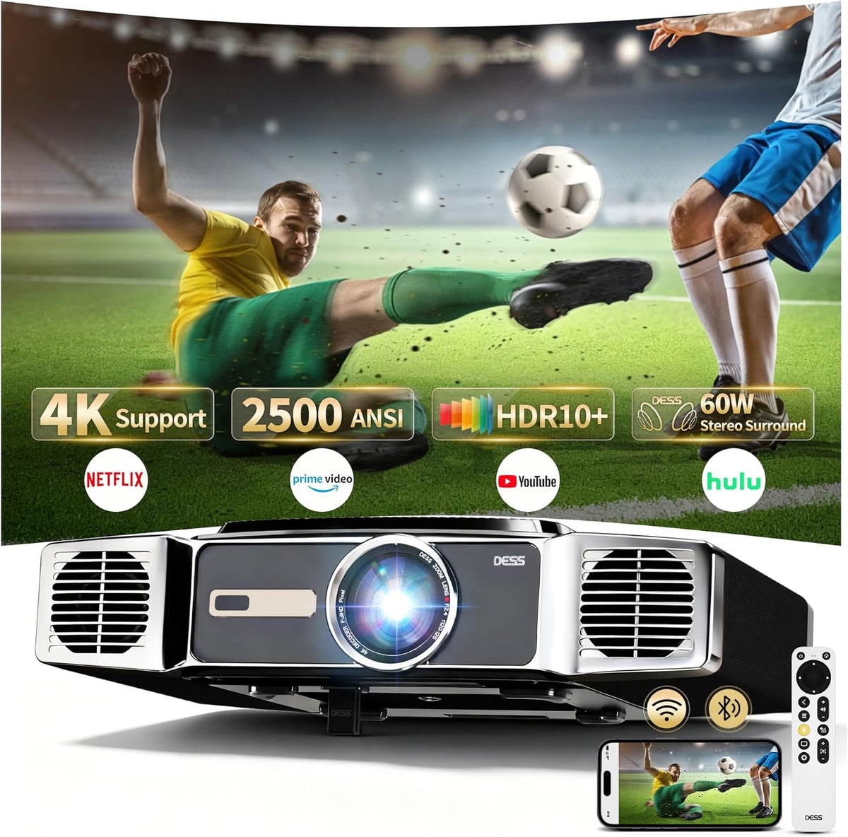 DESS Beamer, 60 W, Schwarz, C5 Enterprise GTV 4K in mit eingebauter elektrischer, Dual Lautsprecher, Wi-Fi 6 Tageslicht für Heimkino & Gaming