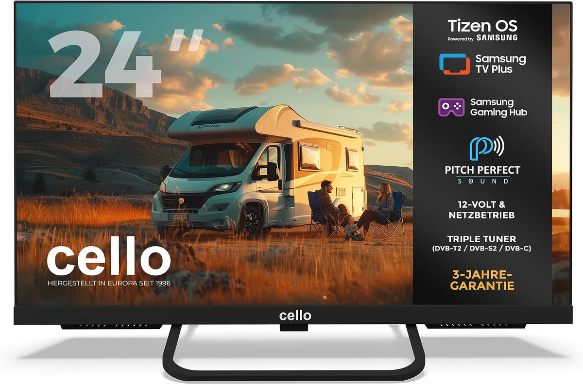 Cello Fernseher, 12 V, Schwarz, CTRAV-24TZ 24' Smart LED Traveller-TV, 1080p, 2024, Tizen OS, Gaming Hub, Pitch Perfect Lautsprecher