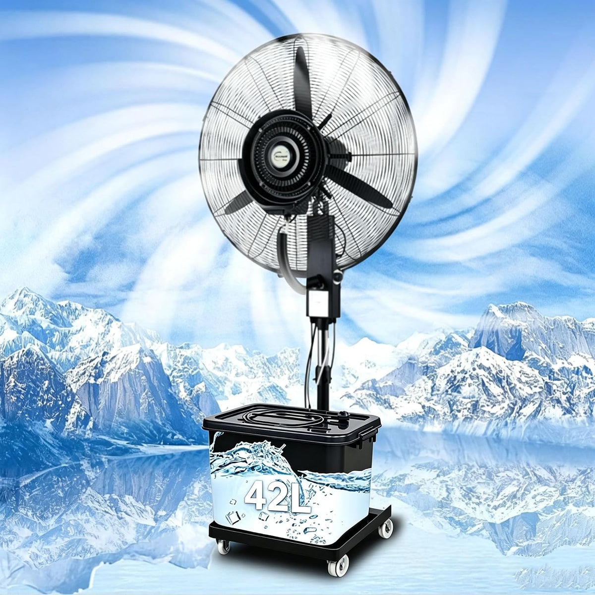 Ventilator Für innen und außen mit Sprühsystem, 75 cm, Weiß, Nebel Industrie mit Wassertank, 3 Geschwindigkeitsstufen