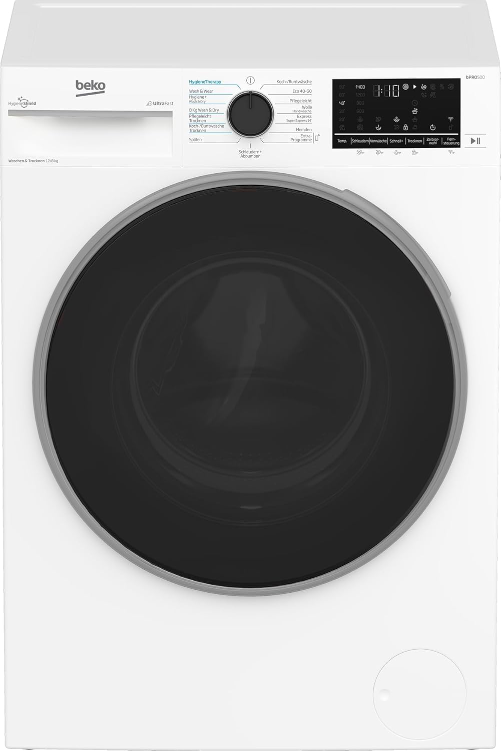 Beko Waschtrockner, 12 kg, 8 kg, Weiß, B3DFT512447 W freistehend, Waschen & Trocknen, 1400 U/min, SteamCure, AddXtra Nachlegefunktion