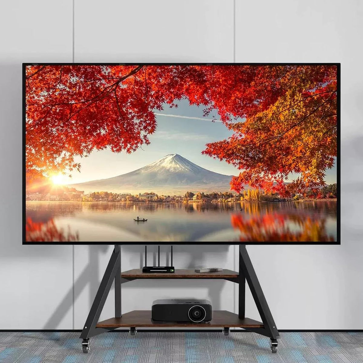 Verstellbarer Fernseher, 100 Zoll, 100 kg, Schwarz, rollbarer TV-Ständer auf Rädern, mobiler Wagen für 65, tragbarer Bodenwagen mit Ablagen