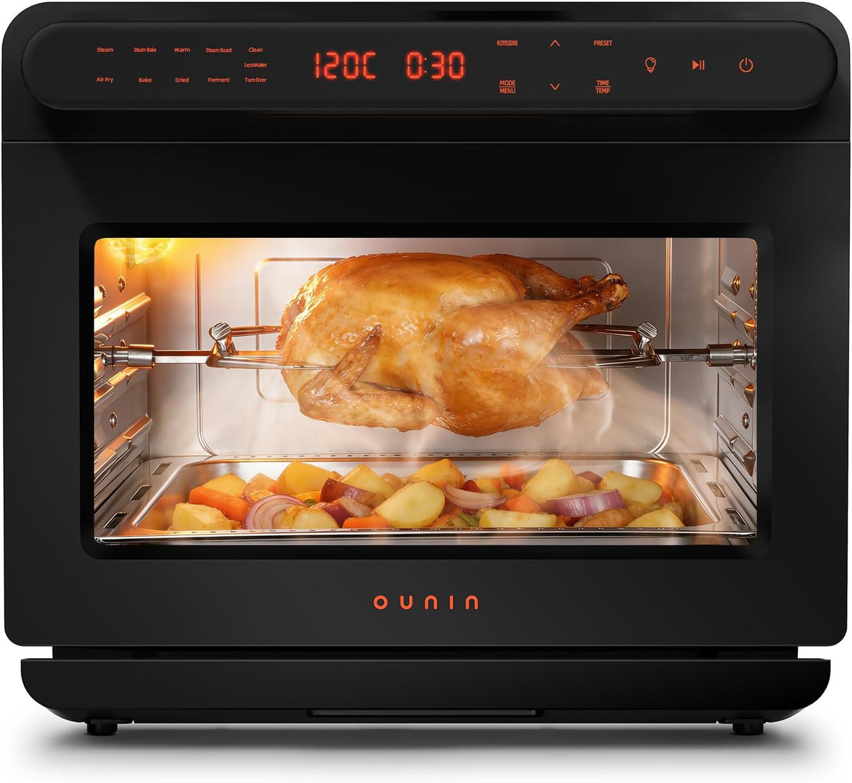OUNIN Backofen, 1600 W, 24 L, Schwarz/Silber, Mini, 11-in-1 Dampf und Heißluftfritteuse