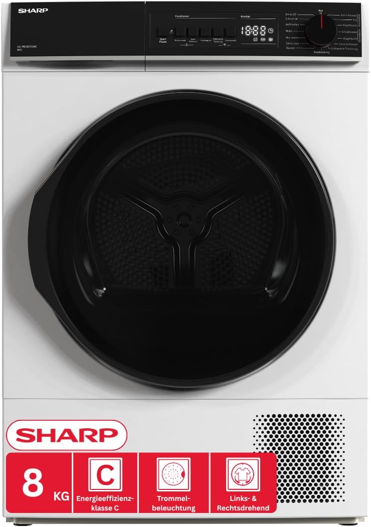 Sharp Wäschetrockner, 8 kg, Weiß, KD-PRO8S7GWC-DE, WiFi, 15 Trockenprogramme inkl. 20-Minuten-Schnelltrockenprogramm