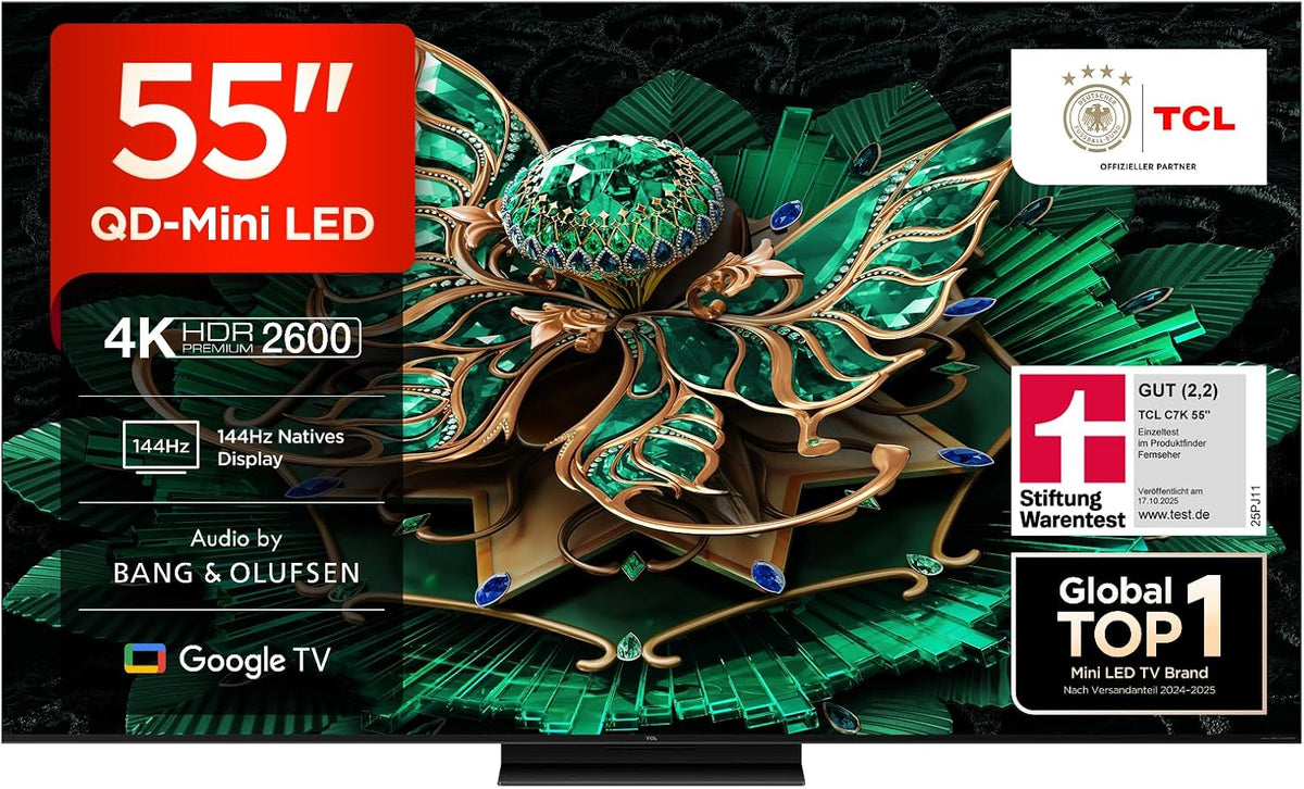 TCL Fernseher, 55 Zoll, Schwarz, Smart TV, 55C7K QD-Mini LED, 4K HDR Premium, Dolby Vision IQ & Atmos, Bang & Olufsen So