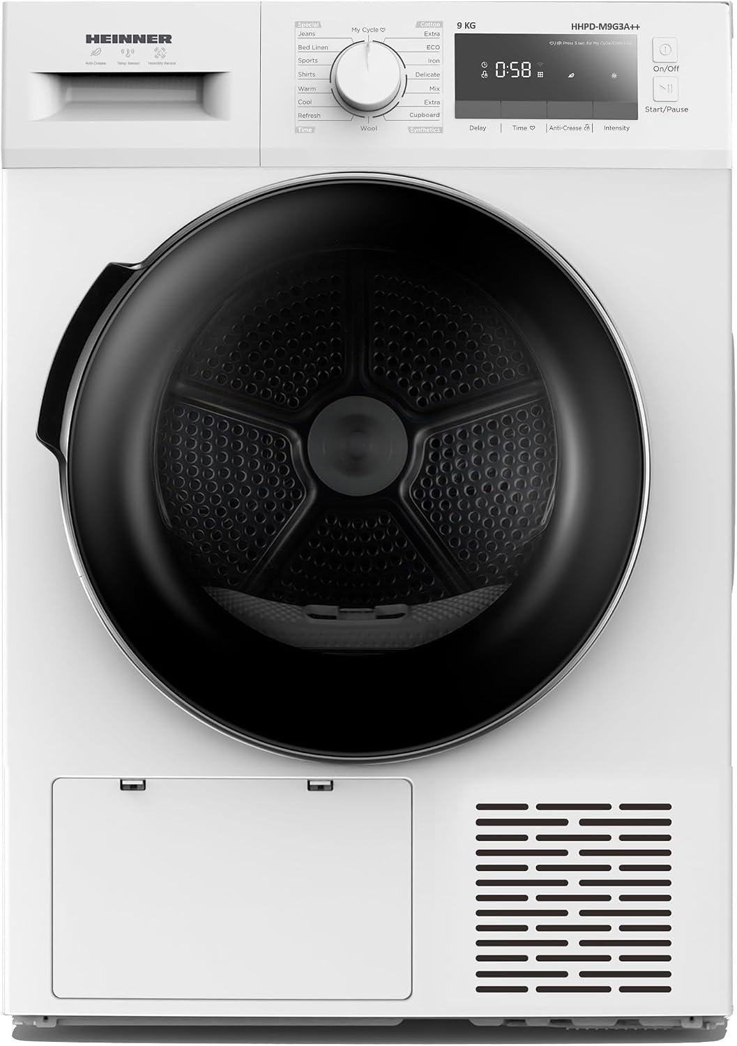HHPD Wäschetrockner, 9 kg, Weiß, M9G3A+++ - Wärmepumpen-Trockner, 14 Programme, Energieklasse D, LED-Display, Kindersicherung