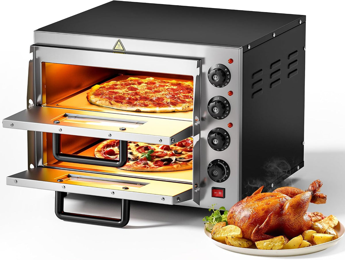 Pizzaofen, 3000 W, Schwarz/Silber, 2-Etagen Pizza-Backofen mit Cordierit Stein für Pizza wie