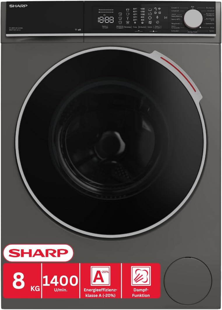 SHARP Waschmaschine, 8 kg, Grau, ES-WNFL814CADA-DE, Frontlader, Energieeffizienzklasse A, 1400 U/min, Advanced Inverter Motor
