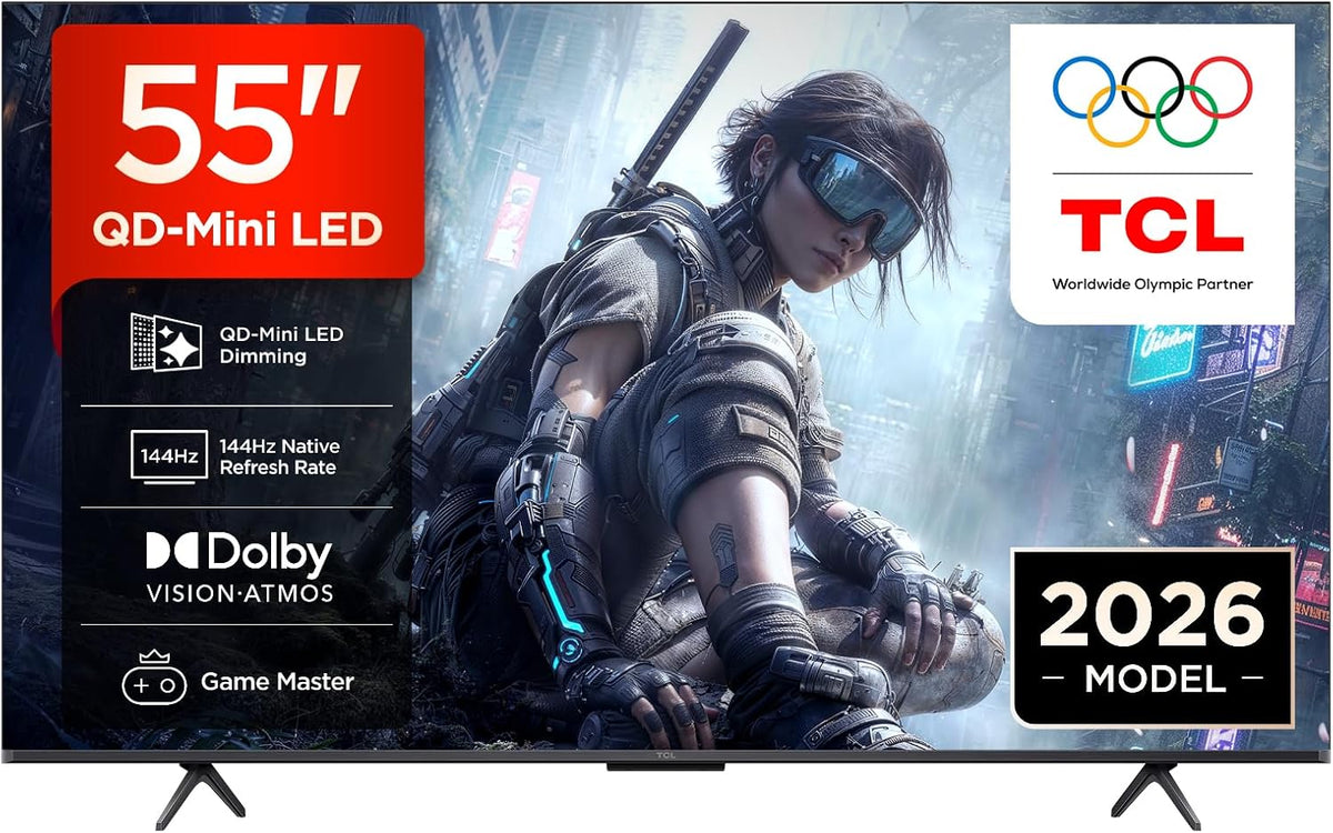 TCL Fernseher, 55 Zoll, Schwarz, Smart TV, 55T8D QD-Mini LED, 4K Smart TV, Google TV, 144 Hz
