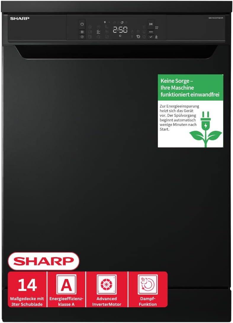 Sharp Geschirrspüler, 60 cm, 42 dB, Schwarz, QW-NA3YF42AM-DE freistehend, 14 Maßgedecke, SteamWash, DualProWash