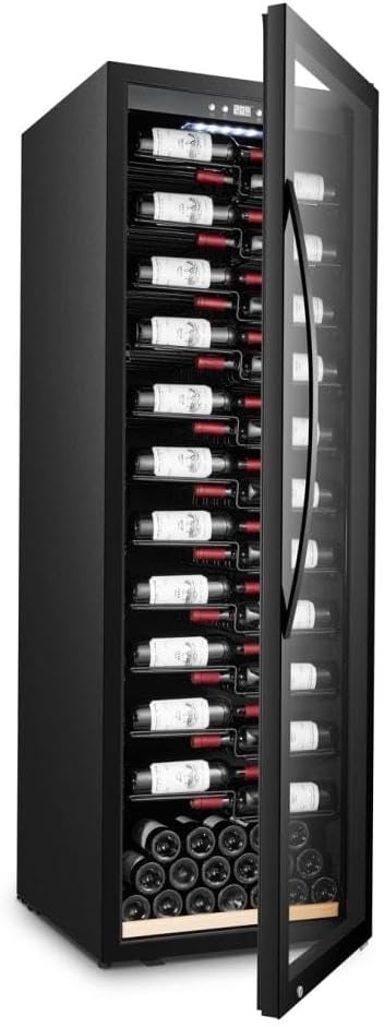Weinkühlschrank, Schwarz, 1 Temperaturzone, Kapazität 153 Flaschen, Buchenholzregale auf Schienen, UV-geschützte Glastür
