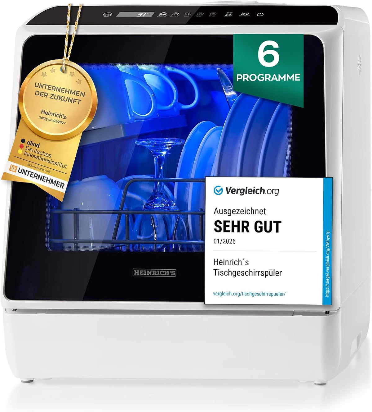 Heinrich´s Tischgeschirrspüler, 950 W, 5 L, Weiß, tragbarer Mini Geschirrspüler, Spülmaschine, mit Wassertank, mit oder ohne Wasseranschluss nutzbar
