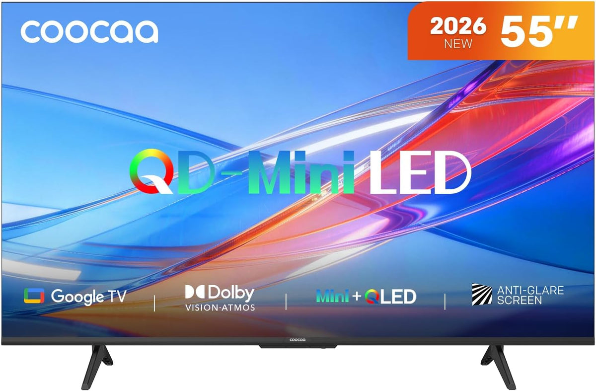 Fernseher, 55 Zoll, Schwarz, Smart TV, coocaa QD-Mini LED TV, 4K Smart TV mit Google TV, Entspiegeltes Display