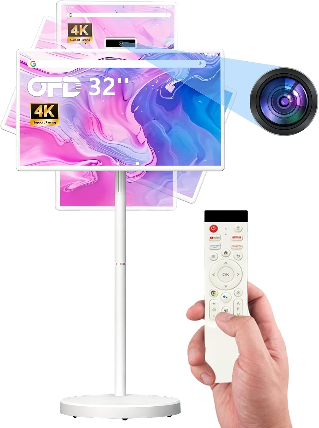 OFD Fernseher, 32 Zoll, Grau, FHD Smart Portable TV auf Rädern, Rolling TV 1080P Android 15 OS