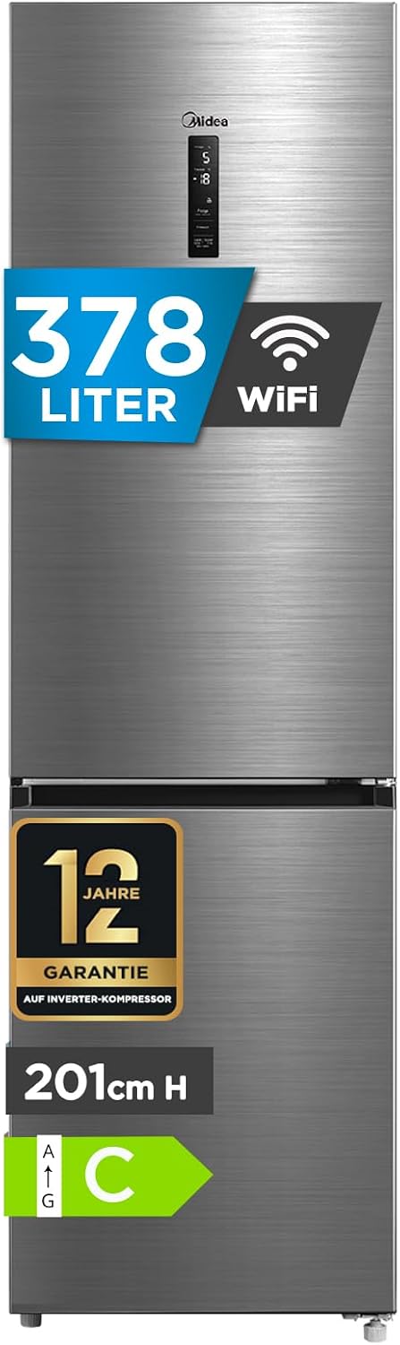 Midea Kühlschrank, 201 cm, 378 L, 38 dB, Weiß, mit Gefrierfach, WiFi, EEK C, NoFrost