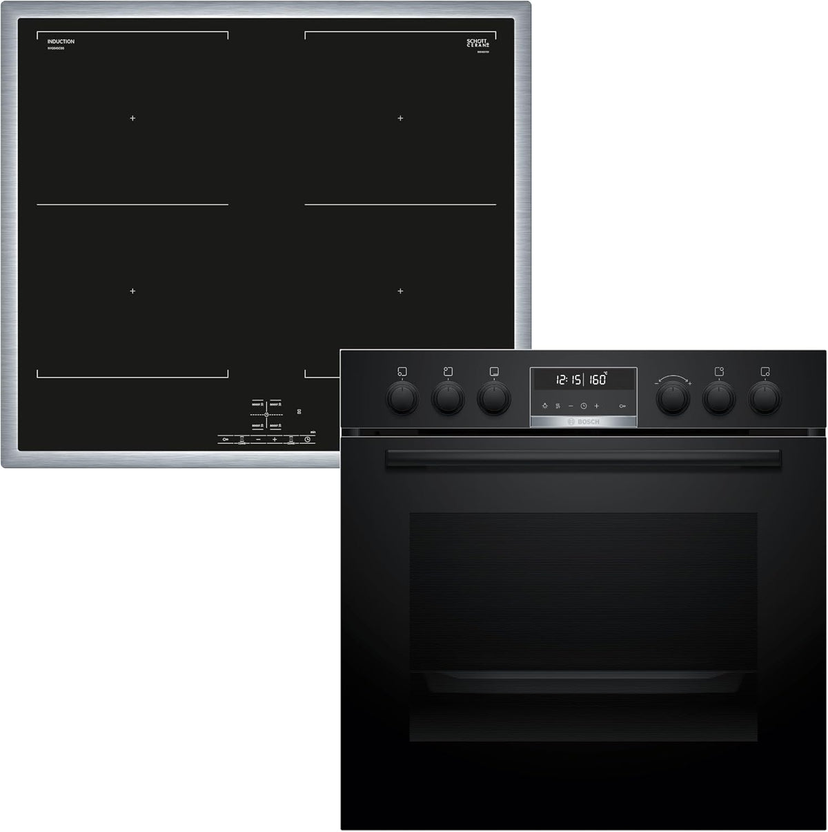 Bosch Kochfeld, 60 x 60 cm, Schwarz, HND675LS62 Einbauherd-Set, Bestehend aus HEG578BB4 Herd, Air Fry, 3D Heißluft